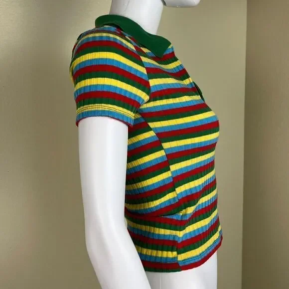 Zara Women's Size S Colorful Striped Ribbed Collard Pullover Short Sleeve Top - Picture 3 of 11